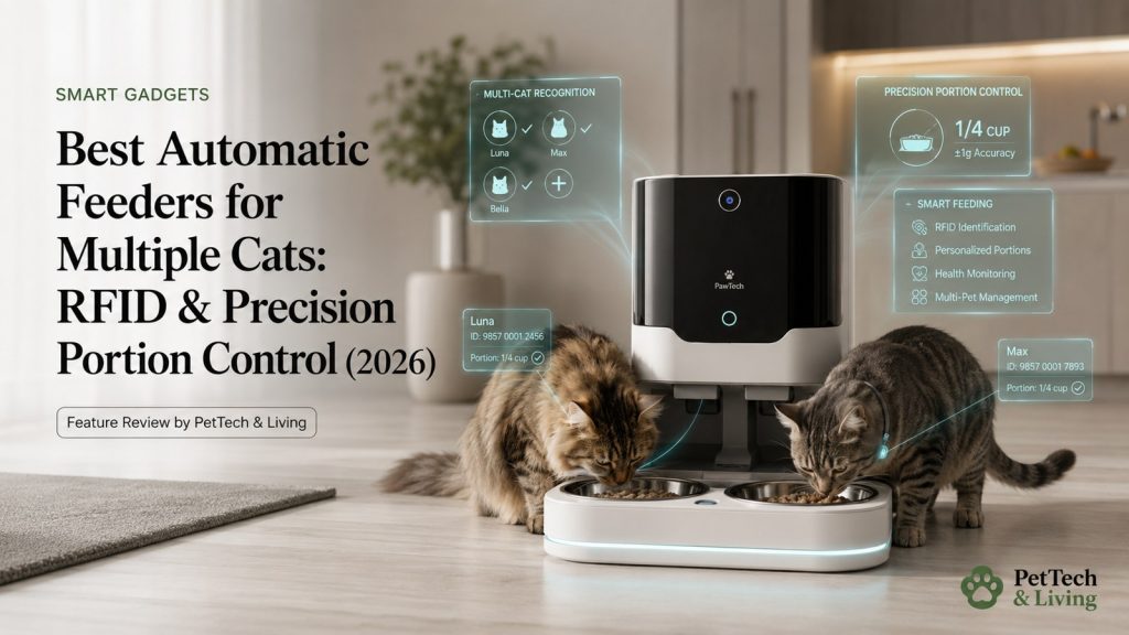 Illustration of a multi-cat smart feeder using identification technology and portion control.