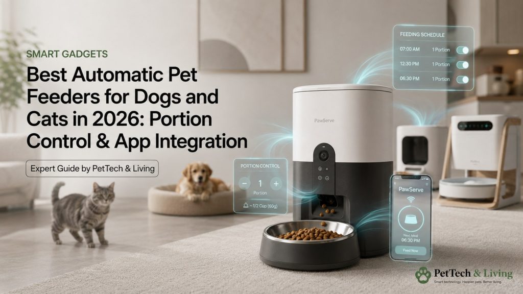 Illustration of connected automatic pet feeders with app integration in a bright home setting.