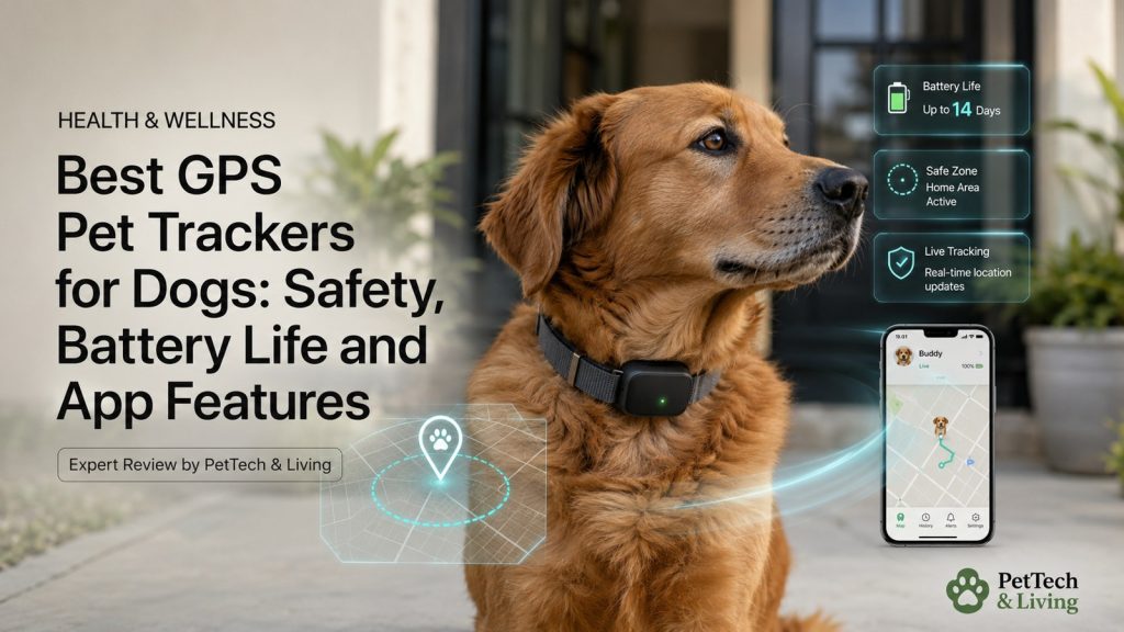 Illustration of a dog wearing a smart GPS pet tracker in a clean outdoor setting.