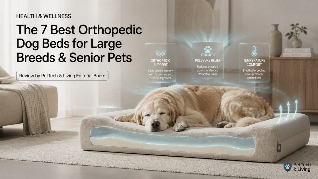 Illustration of a senior dog resting on a premium orthopedic bed in a modern home.