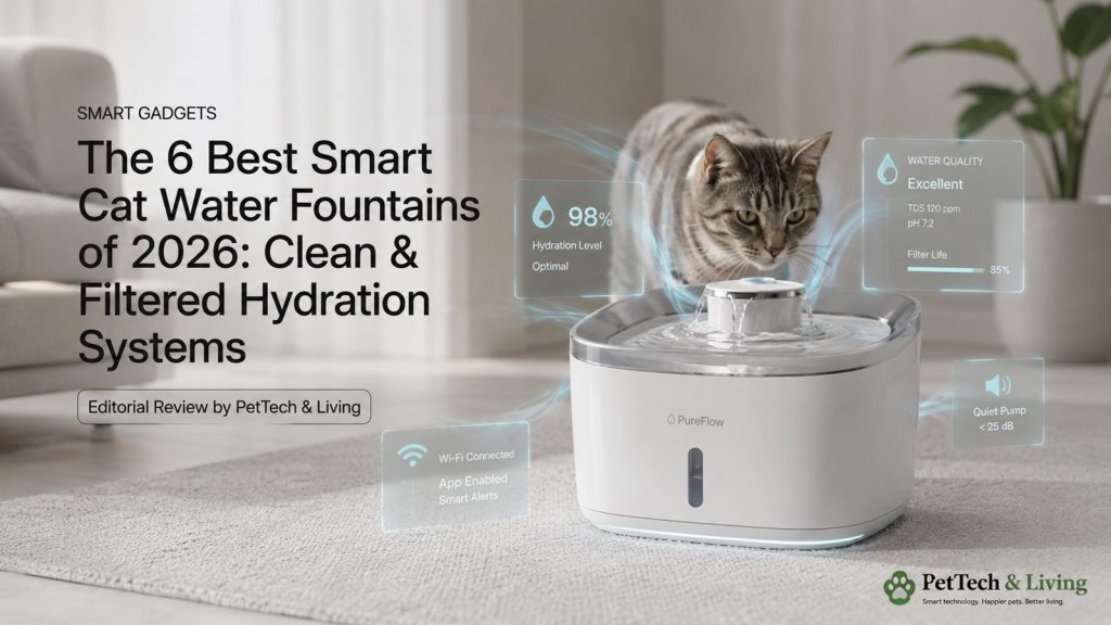 Illustration of a smart cat water fountain with clean filtered water in a modern home.