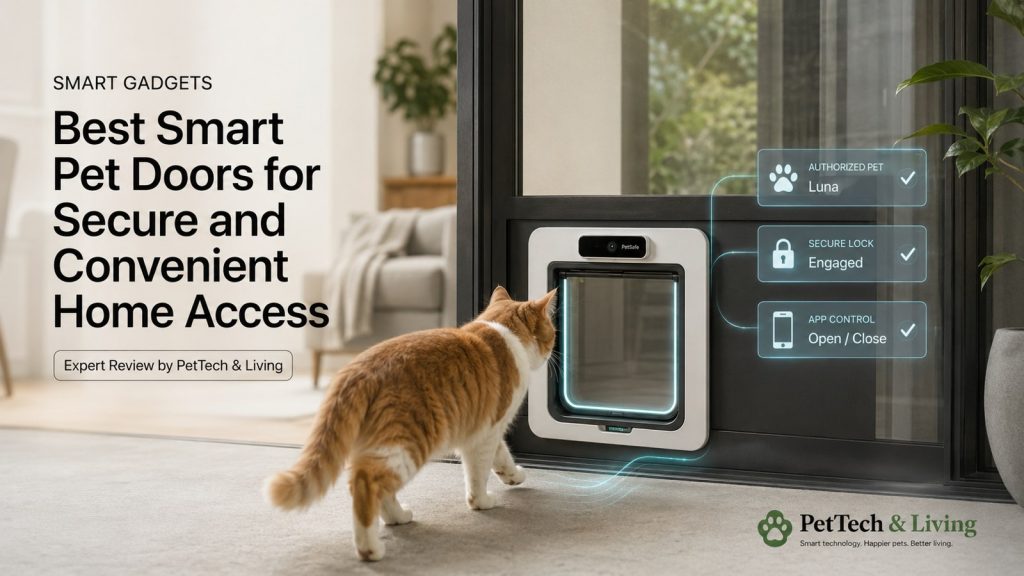 Illustration of a smart pet door with secure connected access in a contemporary home.