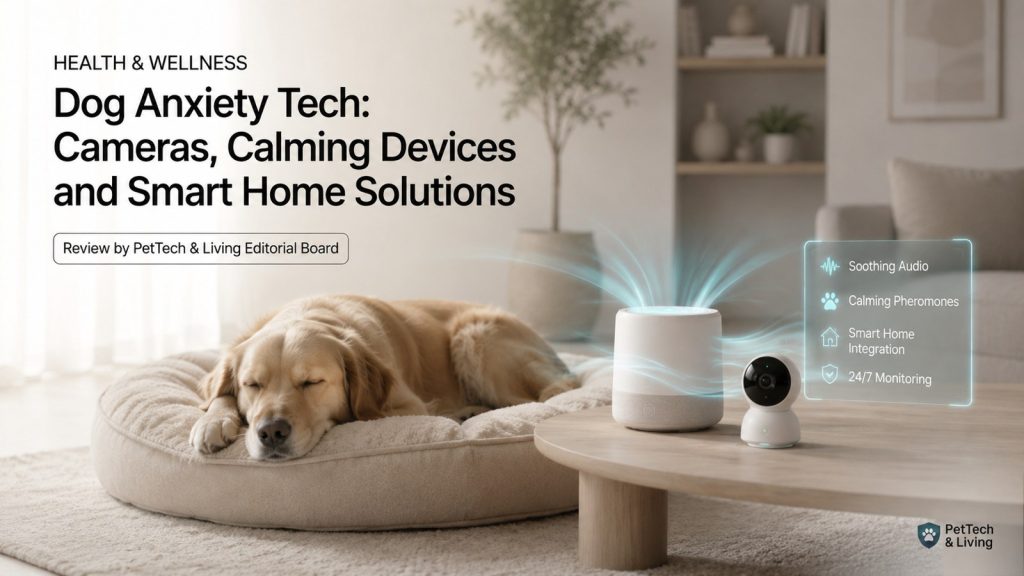 Illustration of calming pet technology and smart home devices designed for anxious dogs.