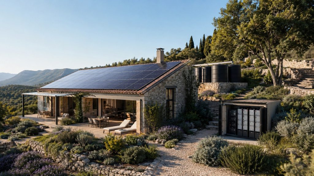 Tracciamento panoramico della moderna vita off-grid nel 2026: un circuito chiuso di tecnologia indipendente a basse emissioni di carbonio lontano dalla rete elettrica pubblica