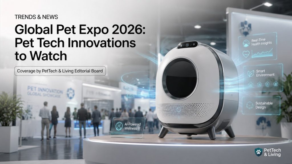 Illustration of a global pet technology exhibition showcasing smart pet innovations.