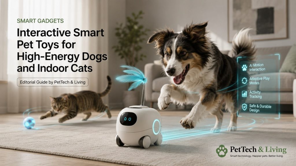 Illustration of interactive smart pet toys and companion devices for dogs and cats.