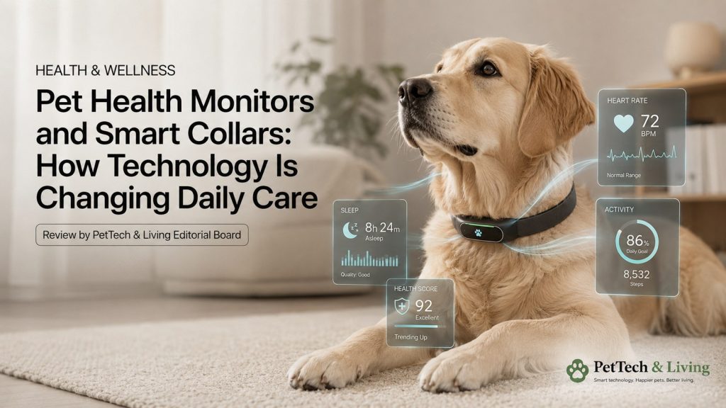 Illustration of smart collars and pet health monitoring devices connected to a mobile app.