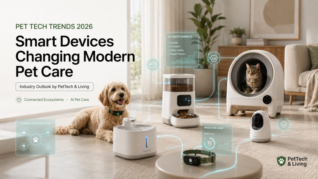Illustration of a connected pet care ecosystem with smart devices and data visualization.