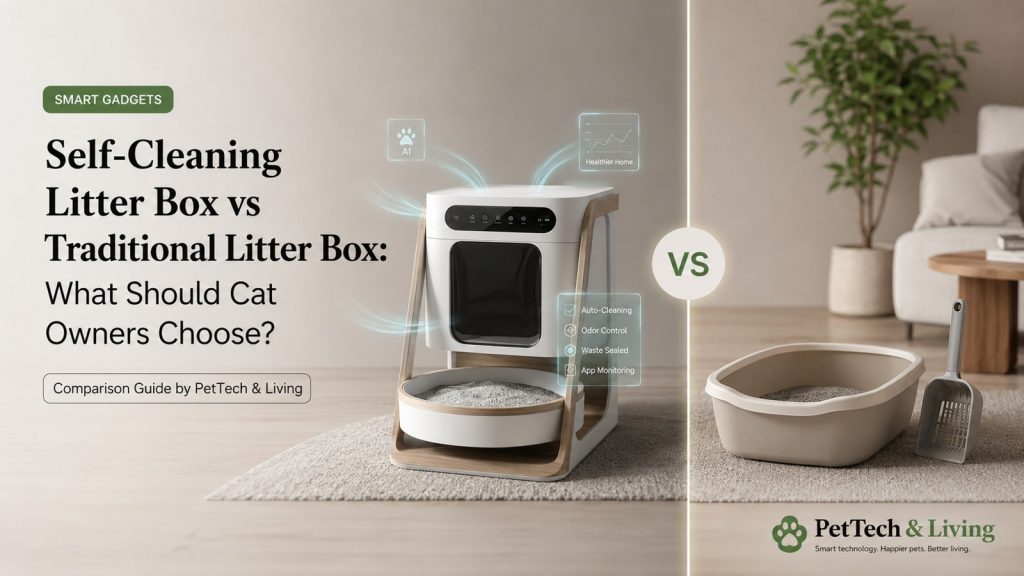 Illustration comparing a smart self-cleaning litter box and a traditional litter box.