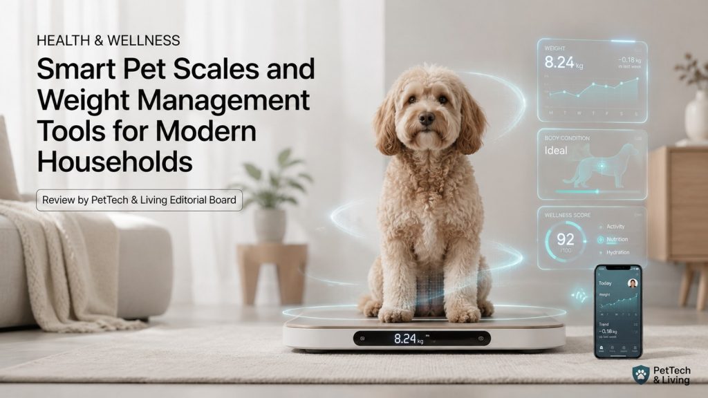Illustration of a smart pet scale and weight management tools for household pet care.