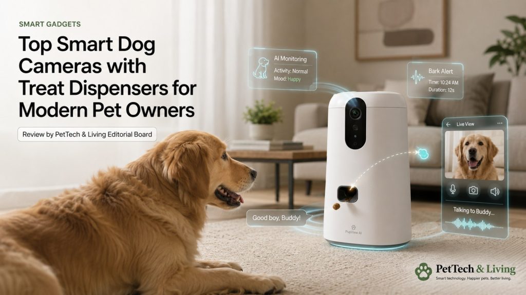 Illustration of a smart pet camera with treat dispenser in a modern home interior.